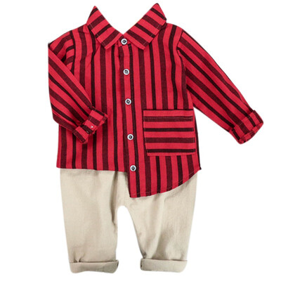

Autumn Children Baby Boys Casual Long Sleeve Striped Print Blouse Tops Solid Color Trouser 2pcs Kids Costume Set