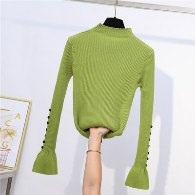 

Women Sweater Solid Color Korean Slim Bell Sleeved Half High Collar Pullover Slim Winter Bottom Knit Autumn Button Sleeve Jumper