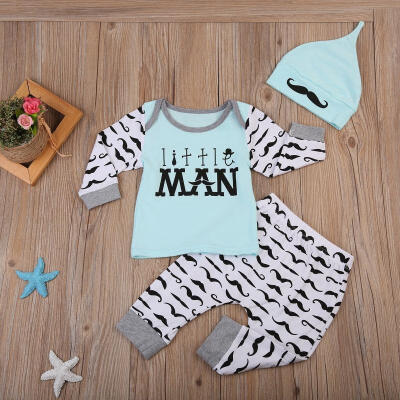 

3PCS Set Newborn Baby Girl Boy Little Man Long Sleeve T-Shirt TopsLong PantsHat Outfits