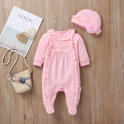 

3 Colors Autumn Newborn Baby Girls Clothes 0-9M Ruffle Design Long Sleeve Jumpsuit With Hat New