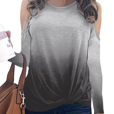 

Women Autumn Fashion Casual All-match Loose Gradient Print Knit Decoration Long Sleeve Off-shoulder Slim T-shirt Top