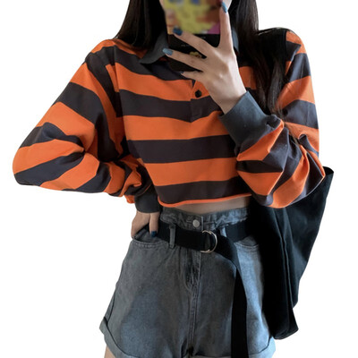 

New Autumn Women Casual Striped T-Shirt Lapel Long Sleeved T shirt Loose Hip Hop Streetwear Female Short Tee Clothing