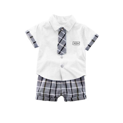 

2019 New childrens suit baby boys clothes with tie short-sleeved shirt short sleeveplaid shorts 2pcs