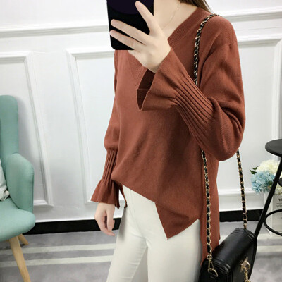 

Women Pullovers Korean Solid Color V-neck Sweater Women Loose Trumpet Flare Sleeve Sleeve Sweater Split Clothing