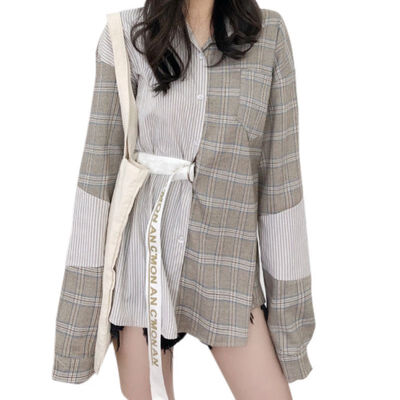 

Fall clothes women shirt casual loose check patchwork striped lapel long sleeve blouses autumn ladies oversized shirt