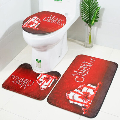 

Siaonvr Christmas Print Toilet Bathroom Mat Three-Piece Floor Mat Carpet Set