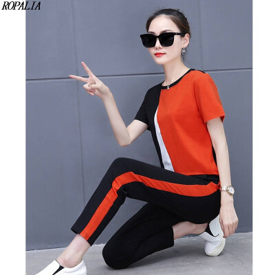 

Womens Summer Fashion O-Neck Color Block Top And Ankle-Length Pockets Elastic Waist Pants 2 Pieces Set