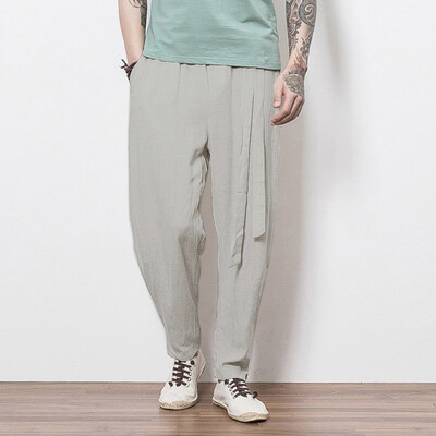 

Gobestart Mens Casual Linen Breathable Loose Long Pants Solid Color Straight Trousers