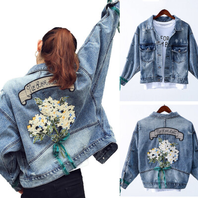 

Toponeto Womens Denim Jacket Vintage Short Jeans Coat Outwear Casual Embroidery