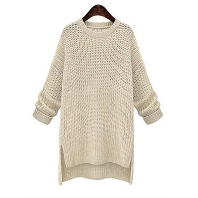 

Women Winter Long Thick Sweaters Irregular O-Neck Long Sleeve Solid Knitted Tops Female Pullovers Split Sweaters