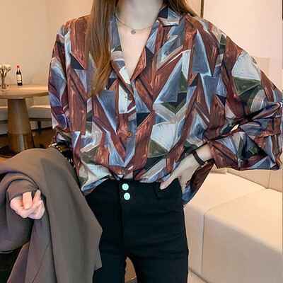 

Women Vintage Cartoon Print Lapel Shirt Loose Single-breasted Thin Section Long Sleeve Blouse
