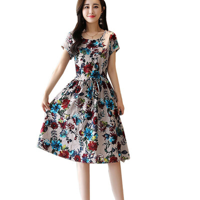 

Floral Printed Casual Dress Women Lace Up A-Line Summer Dresses O-Neck Short Sleeve Knee-Length Dress 2019 Women New Fashion