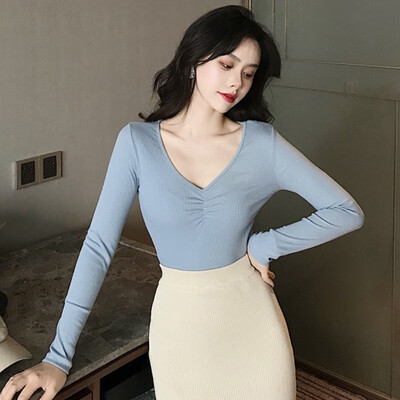 

Fashion V Neck Sexy T Shirt Women Pleat Solid Color Tshirt Slim Long Sleeve T-shirt Casual Simple Wild T-Shirt Tops