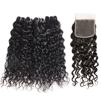 

Brazilian Remy Human Hair Weave Water Wave Hair 4pcs Bundles with Closure Virgin Cheap Extensions