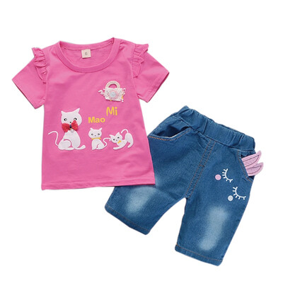 

Summer Baby Girls Short Sleeve Animal Cat Print T-shirt TopsDenim Shorts Suits Casual Outfits Sets