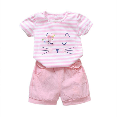 

Summer Infant Baby Girls Casual Sets Children Clothings Cartoon Stripe Short Sleeve T-shirtShorts Suits Costume Set