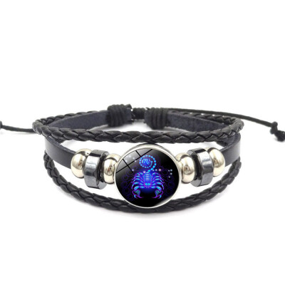 

New Fashion Style Vintage Twelve Constellation Faux Leather Beads Multi-Layer Knitted Bracelet For Women Birthday Gifts