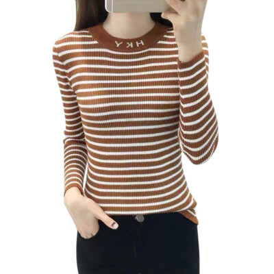 

Women Autumn Winter Stripes Print Slim Long-Sleeved Round Collar Slim Bottom Knit Sweater