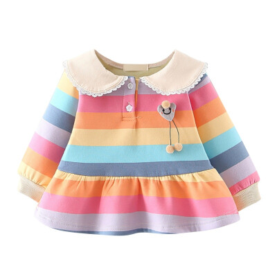 

Autumn Winter Infant Baby Dress Cotton Plus Velvet Toddler Dress Rainbow Stripe Print Dresses for Girls Cute Baby Girl Clothes