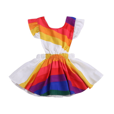 

2019 Summer New Princess Dress Kid Baby Girls Party Pageant Cute Ruffle Sleeve Backless Strap Rainbow Beach Tutu Dresses 1-5T