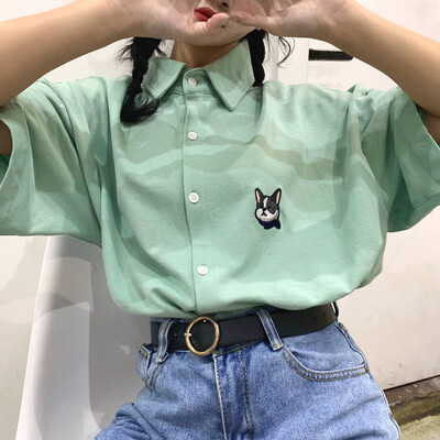 

Harajuku Cartoon Dog Print Blouse Tops Korean Causal Shirt Summer Loose Short Sleeve Turn-down Collar Shirts Woman Blusas