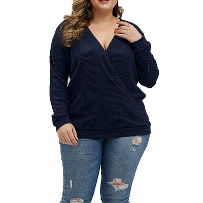 

Gobestart Plus Size Women V-Neck Long Sleeve Solid Wrap Deep Cross Pullover Blouse Tops