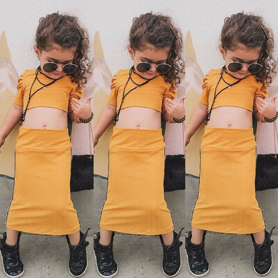 

Toddler Kid Baby Girl Clothes Puff sleeve Top T-shirt Tight Skirt Knit Outfit