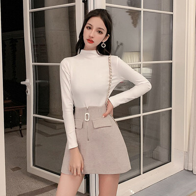 

Womens Cashmere Wool T-shirt Half High Collar Solid Color Pullover Solid Color Korean Harajuku Basic Tee Shirt Femme