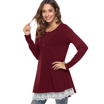 

2018 women tops Autumn sexy Casual Long Sleeve cover up O-Neck Button Solid Lace Shirt tops&blouses