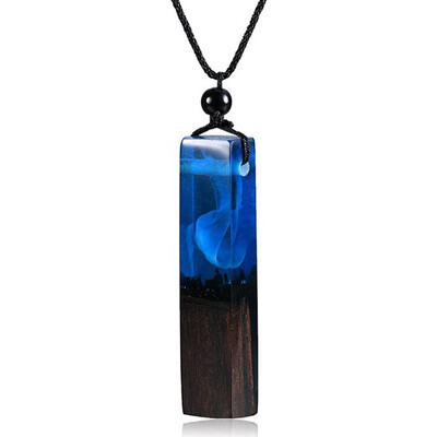 

Fashion Women Blue Ocean New Jewelry Wholesale Resin Wood Combination Geometric Rectangular Pendant Necklace Sweater Chain
