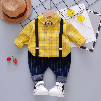 

Autumn Fashion infant clothing Baby Suit Baby Boys Clothes Gentleman Bow Tie grid shirt suspender Baby Long Set
