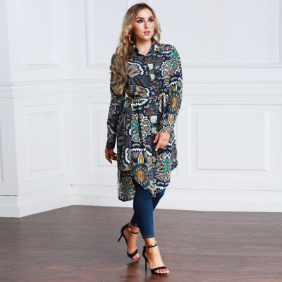 

New Fashion Women Long Floral Print Shirt Blouse Turn-down Collar Long Sleeve Asymmetric Hem Shirt Dress Dark Blue