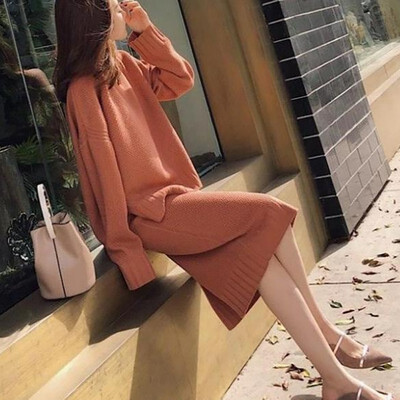 

Fashion Autumn New Women Set Long Knit Two-Piece Bag Hip Round Neck Sweater Suit Solid Color Skirt Slim Autumn Winter Set