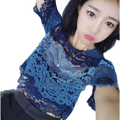 

Summer Women Fashion Short Lace Blouse Hook Hollow Out Pullover Ladies Slim Lace Outside Blusas Top 7472