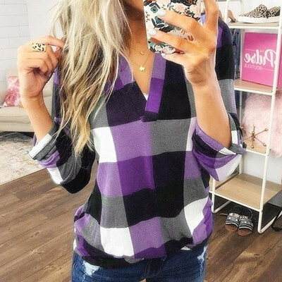 

Fashion Women Autumn Plaid Print Shirt V Neck Long Sleeve Loose Casual Plus Size T-Shirt Top