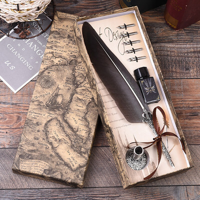 

Feathers Fountain Pens High Quality Blue Metal Calligraphy Dip Pen Set Gift Box Writing with ink Bottle Wedding Gift Quill Pen