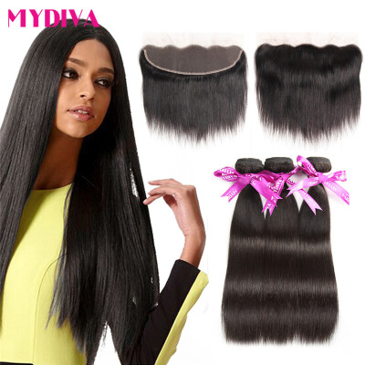 

Mydiva Peruvian Straight Hair Lace Frontal with 3 Bundles 7A 100 Unprocessed Human Hair Extensions Straight Virgin Hair