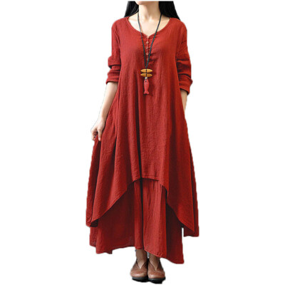 

Autumn Women Casual Loose Dress Solid Long Sleeve Cotton Linen Boho Maxi V-Neck Dress Plus Size 5XL