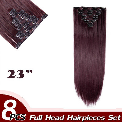 

17" Straight 8 Pcs Full Head Clip in Hair Extensions Synthetic 8 Piece 18 Clips Hairpiece Long Straight for Women