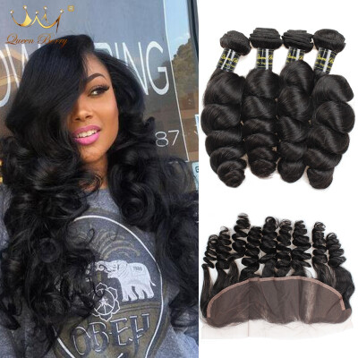 

7A Peruvian Virgin Hair With Closure Queen Berry Unprocessed Loose Wave With Closure Ear To Ear Lace Frontal Closure With Bundles