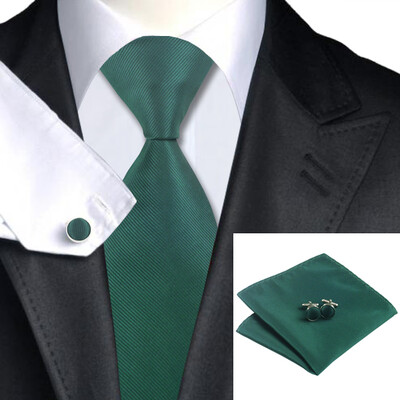 

N-0830 Vogue Men Silk Tie Set Green Solid Necktie Handkerchief Cufflinks Set Ties For Men Formal Wedding Business wholesale
