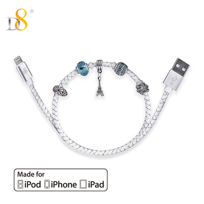 

D8 Apple MFI certification original data cable phone charging data line leather braided fashion beaded element iphone8x 7Plus 6 6S 5S 04 m white