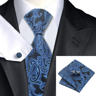 

N-0981 Vogue Men Silk Tie Set Blue Paisley Necktie Handkerchief Cufflinks Set Ties For Men Formal Wedding Business wholesale