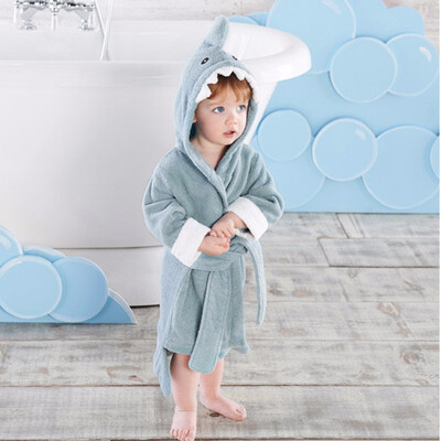 

Outdoor Let the Fun Begin Blue Shark Robe Cotton Cartoon Hooded Small Bathrobe