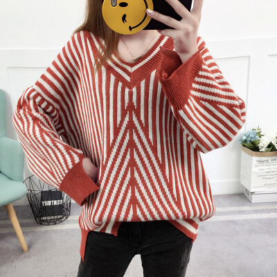 

Lang Yue Women&39s 2017 autumn&winter new short paragraph pullovers sweater women&39s retro fashion loose V-neck vertical stripes sweater shirt LWYC179815 red