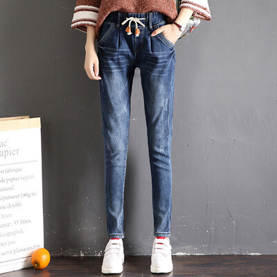 

City plus CITYPLUS 2017 winter new style women women high waist Slim stretch gold cashmere trousers wild Harlan tie plus velvet thickening jeans CWKN17T164 dark blue 29
