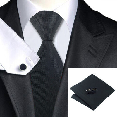 

N-0840 Vogue Men Silk Tie Set Black Solid Necktie Handkerchief Cufflinks Set Ties For Men Formal Wedding Business wholesale