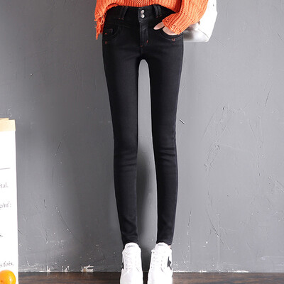 

City plus CITYPLUS 2017 winter new art women's high waist double buckle elastic pencils pants feet plus cashmere thickening grasping pattern jeans CWKN17T162 dark blue 30
