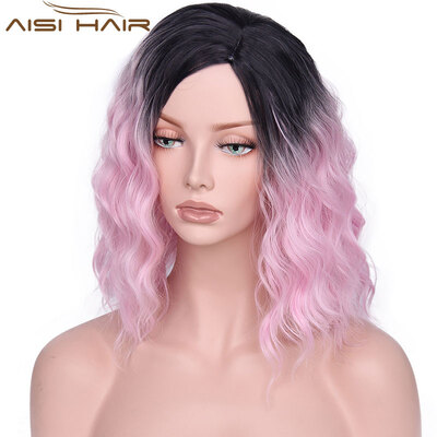 

AISI HAIR Синтетический тень Красный синий розовый парик для черных женщин 14 "Длинная волна воды   Ложные волосы