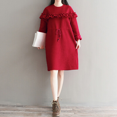 

City plus CITYPLUS 2017 winter new style women women retro wild round collar wood ear long long sleeves dress CWQZ17T173 red L